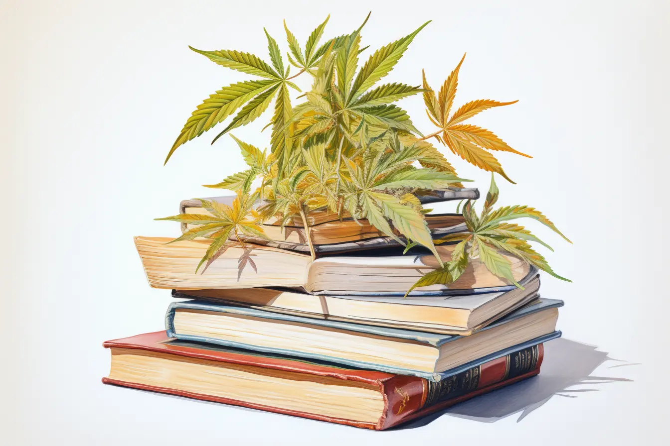 Eine Pflanze, die viele Namen hat, Cannabis, schmückt bunte Bücher, die das Lesen spannend machen.